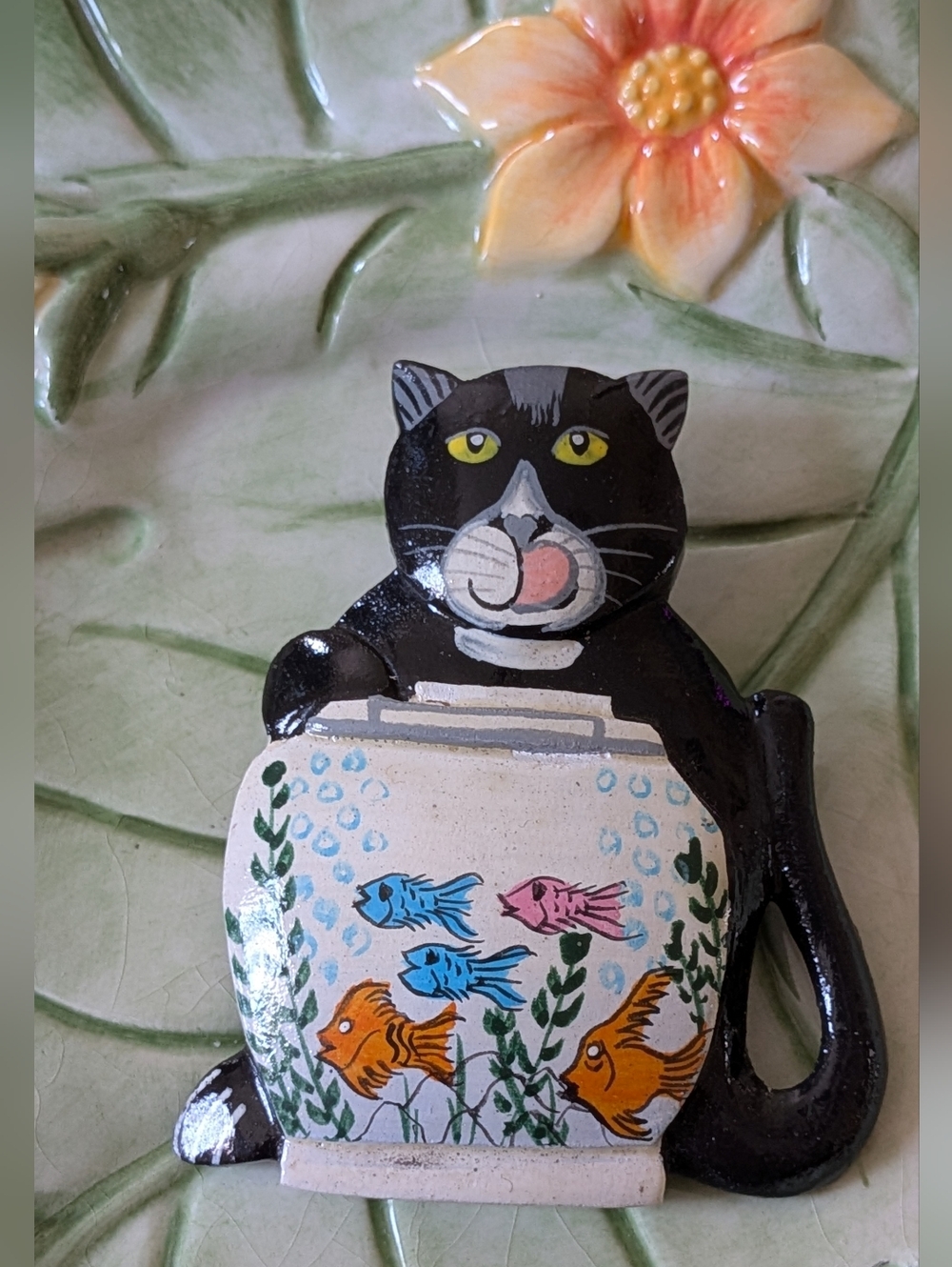 Hand painted Black & White Cat Fishing Brooch